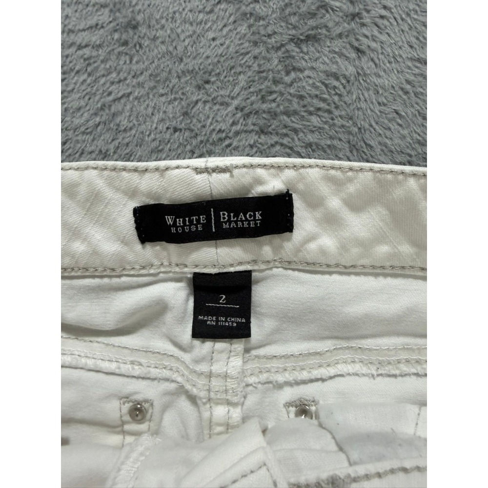 White House Black Market Denim Mini Skirt Women Size 2 White Floral Stretch - Picture 5 of 13